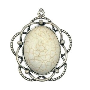Oval White Howlite Turquoise Pendant With Silver-Tone Rope & Filigree Frame